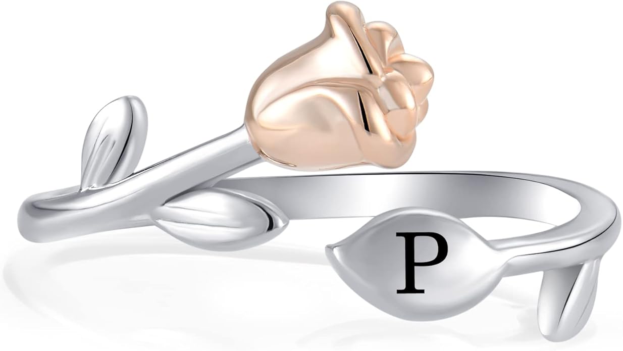 STARCHENIE Rose Initial Ring for Women 925 Sterling Silver Letters A-Z 26 Alphabet Adjustable Ring Size 7