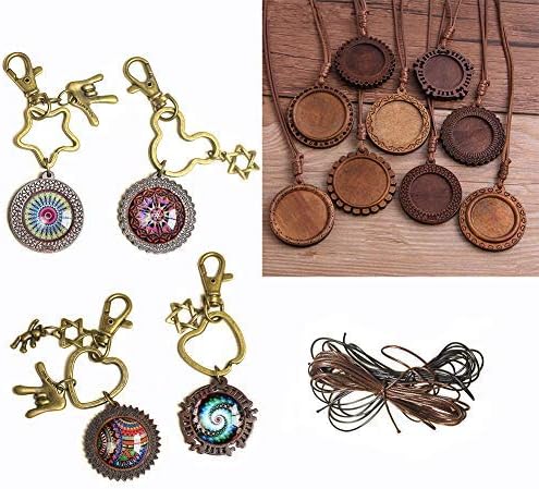ToBeIT Bezel Pendant Trays Round Wooden and Glass Cabochon Round Clear Dome for DIY Crafting Photo Jewelry Making