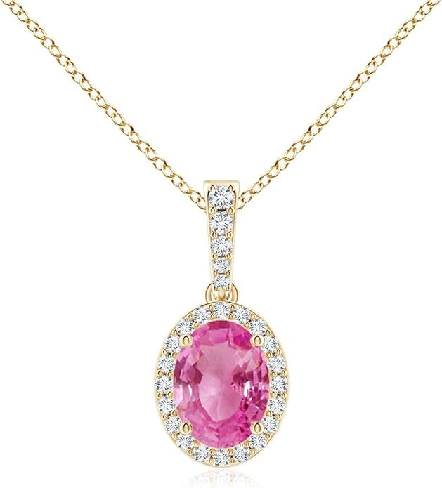 Angara Natural Pink Sapphire Pendant for Women | Vintage Style Oval Pink Sapphire Halo Pendant in 14K Solid Gold/Platinum With 18" Chain | Birthday, Anniversary, Gemstone Jewelry Gift