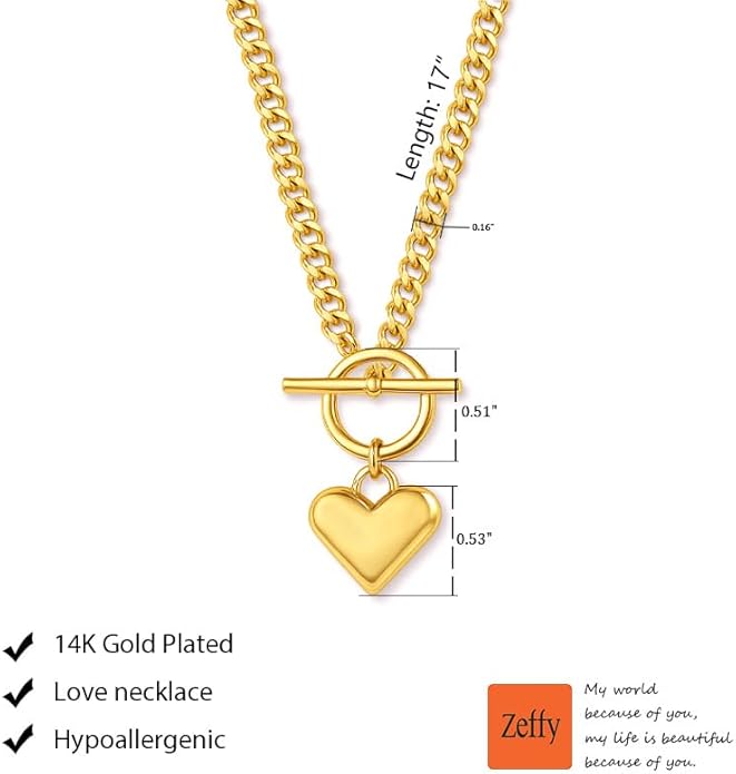 Zeffy 14K Gold/Silver Plated Chunky Thick Chain Toggle Clasp Necklace Dainty Baroque Pearl/Heart/Cross/Turquoise Pendant Necklace