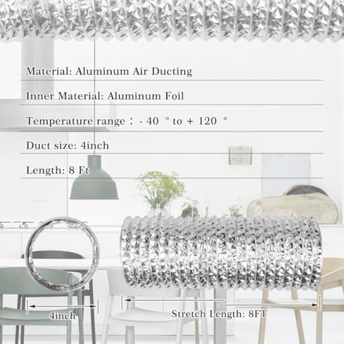 Dryer Vent Hose Air Ducting: 4 Inch 8FT Flexible Aluminum PVC Insulated Duct - Image 2