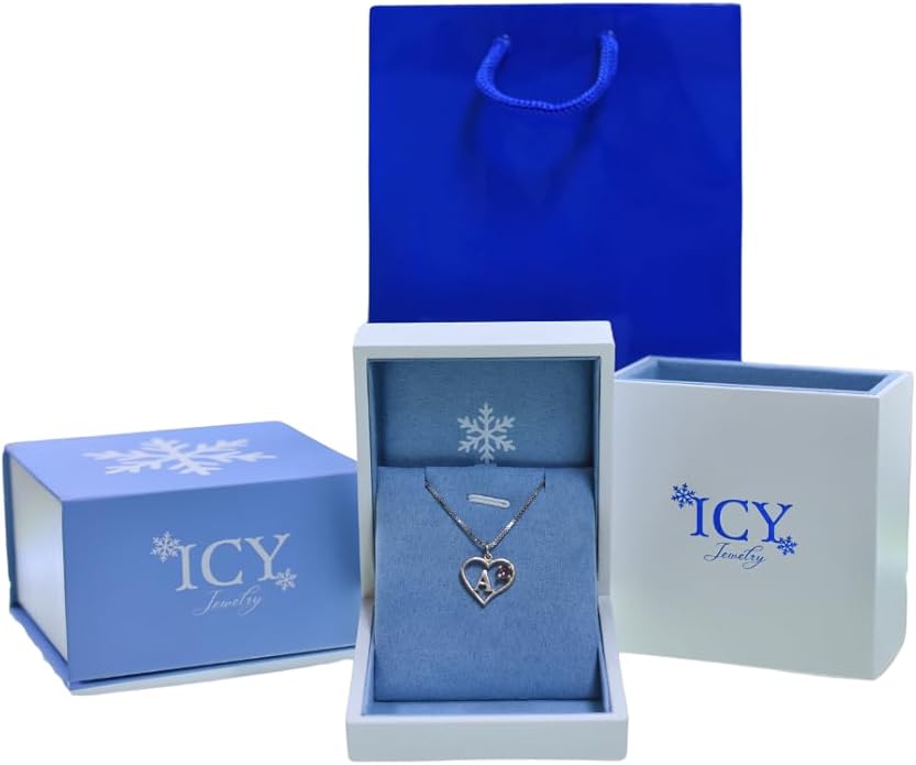 Silver Sterling Necklace Initial Letter A-Z Birthstone for Women – Personalized Custom Jewelry Pendant with Heart Design Customized Dainty Charm for Wife Girlfriend Mom – 18" Box Chain