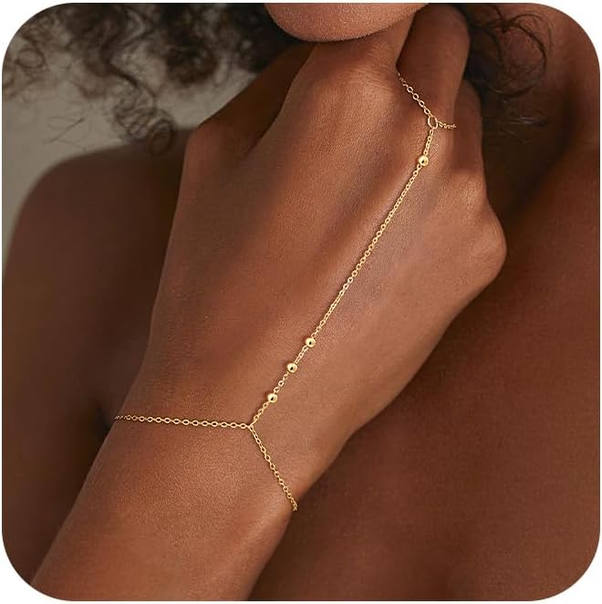 CHESKY 14K Gold Plated Hand Chain Bracelets for Women Set - Dainty Finger Ring Bracelet Stack Adjustable Hand Chains Durable Beaded Bracelets Trendy Simple Body Jewelry Gift for Women