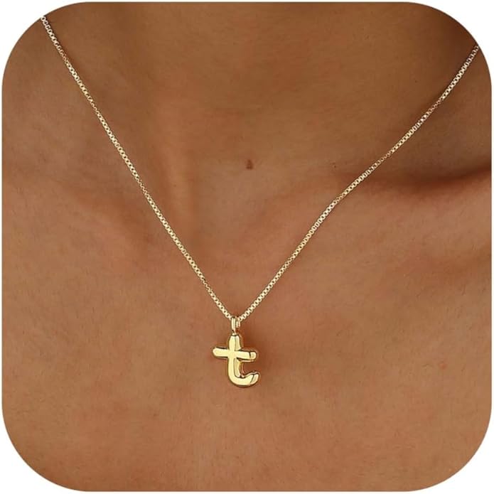 Bubble Gold Silver Letter Necklace Initial Necklaces for Women Trendy 14K Dainty Charm Pendant Name Necklace Personalized Jewelry Gift for Women Teen