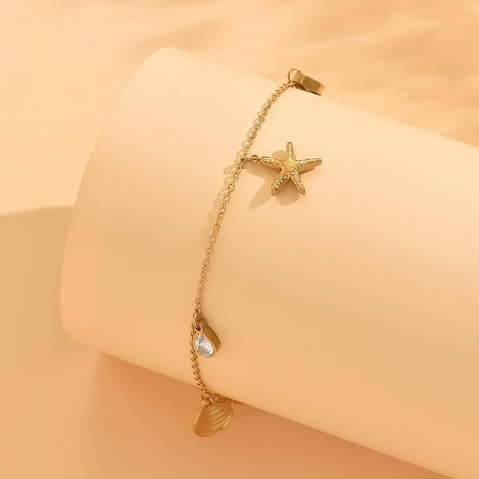 Anklets for Women Dainty CZ Ankle Bracelet 18K Gold Plated Waterproof Boho Dot Star Moon Daisy Ocean Beaded Anklet Trendy Foot Jewelry