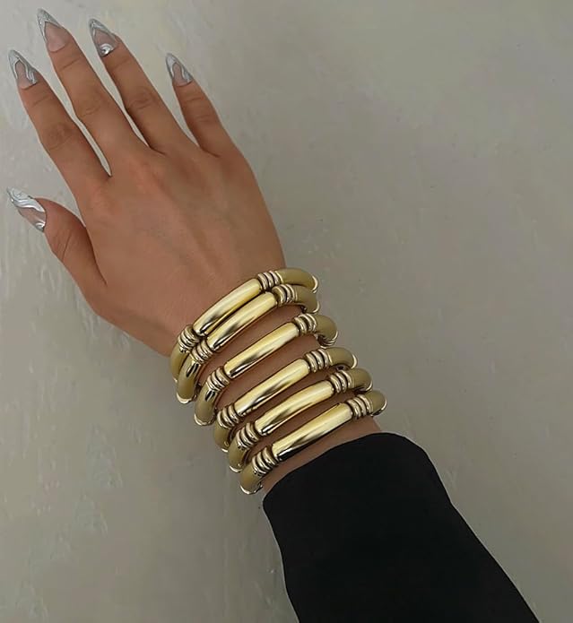iF YOU 6pcs Chunky Acrylic Bangle Bracelets for Women, Resin Bamboo Brown Stretchy Bracelet Stack, Fashion Jewelry for Women