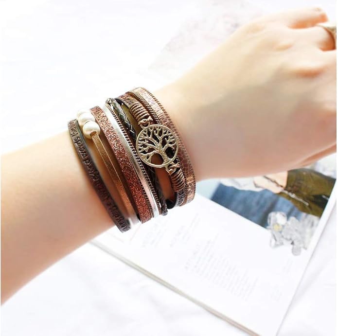 Fesciory Leopard Bracelet for Women, Boho Leather Wrap Multi-Layer Pearl Crystal Bracelet Bangle Jewelry