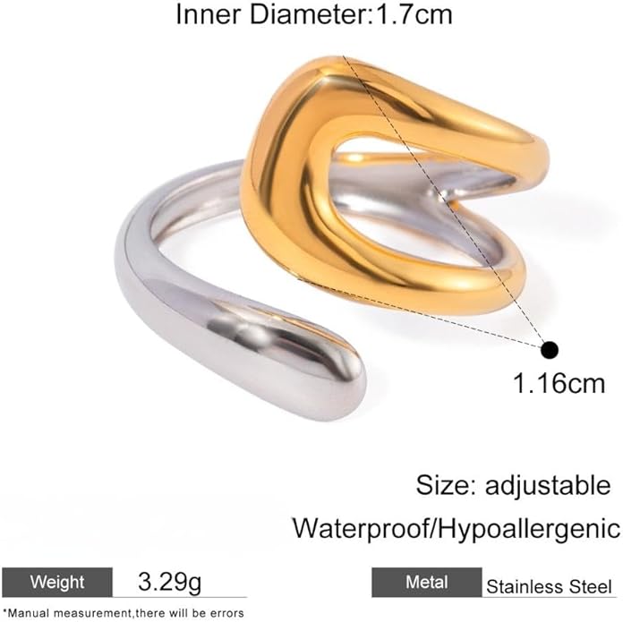 Chunky Rings For Women, Gold Silver Thumb Ring Asymmetrical Wavy Curve Ring Adjustable Non Tarnish Dainty Stainless Steel New Year Anniversary Birthday Jewelry Gift