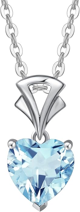 Agvana Valentines Day Gifts 14K White Gold Gemstone Pendant with Sterling Silver Chain 8mm Heart Birthstone Necklace for Women Fine Jewelry Anniversary Birthday Gifts for Women Mom Wife Girlfriend Her