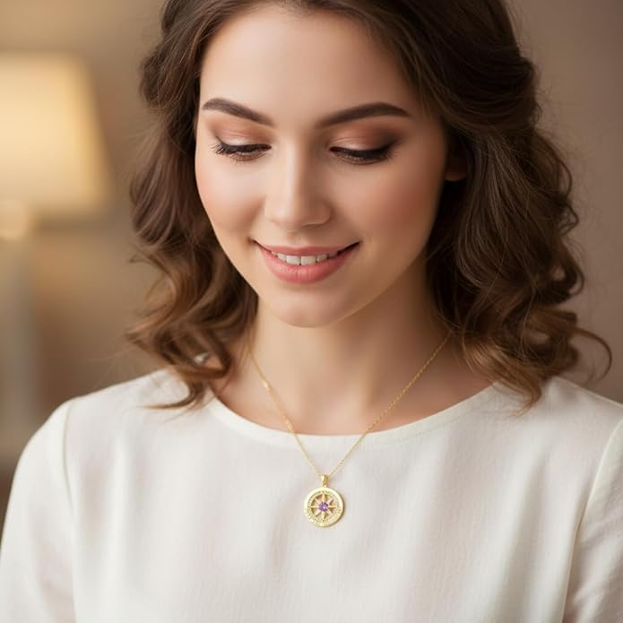 Compass Necklace for Women Wife Girlfriend Mom Daughter Gifts S925 Sterling Silver Jewelry For Anniversary Rose Gold Gifts For Birthday Christmas Mothers Valentines Day 12 Birthstones