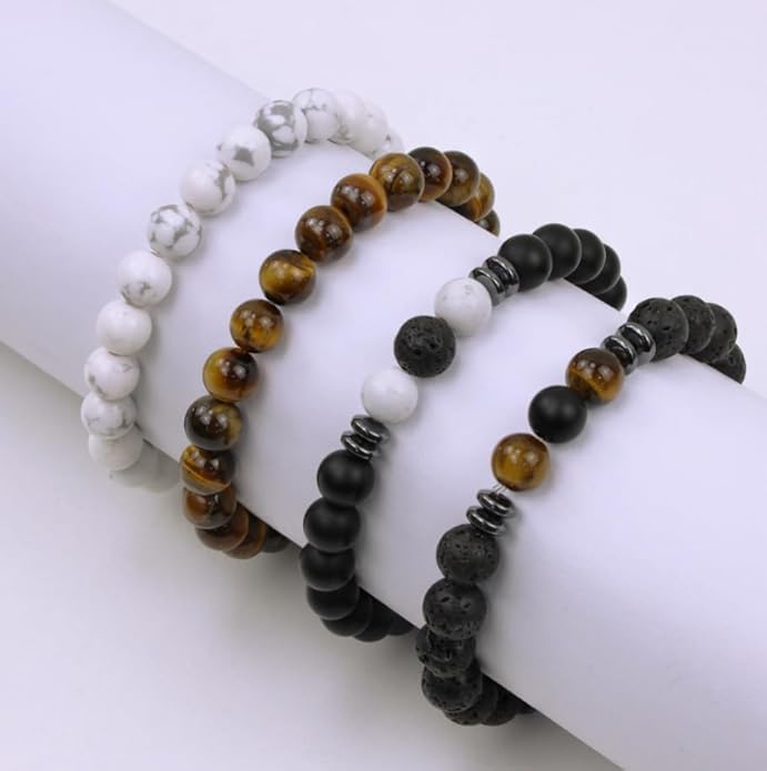 XIANNVXI Natural Stone Beads Bracelet for Men Crystal Bracelets 8MM Tiger Eye Lava Rock Obsidian Beaded Bracelet Set Black/Red/Blue Crystal Beaded Bracelets for Men