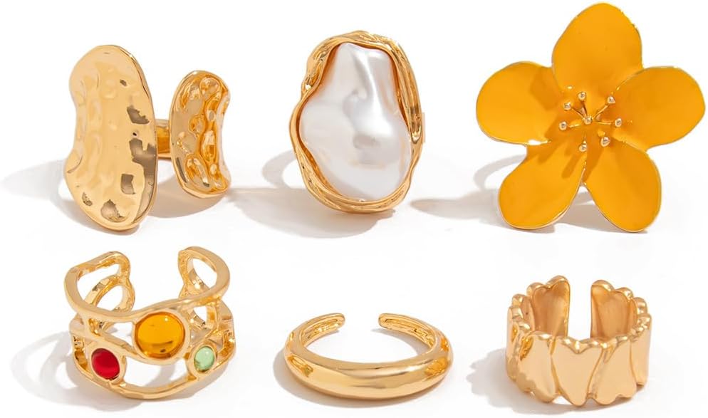 CJIAYUJEW Chunky Gold Flower Rings Pearl Stacking Statement Rings for Women Silver Chunky Knuckle Ring Set Adjustable Pearl Finger Ring Sets