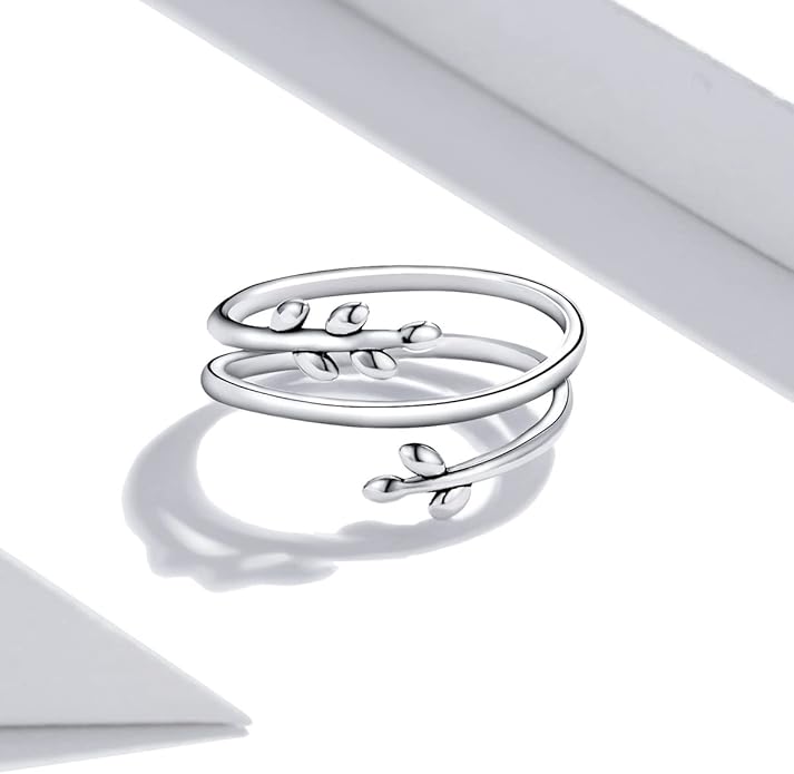 MUNDELL 925 Sterling Silver Simple Multi-layer Leaf Adjustable Ring Green Lucky Leaves Statement Ring for Women Promise Ring Fine Jewelry