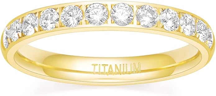 TIGRADE 3mm Women Titanium Engagement Ring Half Cubic Zirconia Eternity Wedding Band Size 3-13