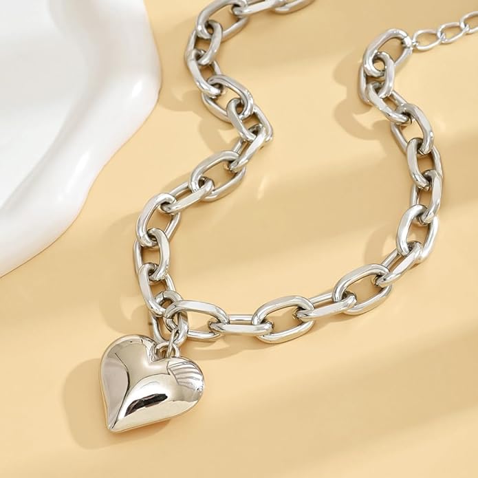 Chunky Gold Heart Necklace for Women,Y2K Big Heart Statement Necklace Long Puffy Hearts Chain Charm Necklaces Trendy Jewerly