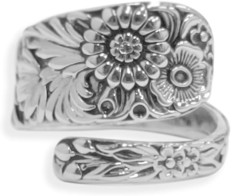 Retro Sunflower Spoon Rings for Women Adjustable Oxidized Silver Victorian Vintage Boho Finger Comfort Fit Adjustable Floral Thumb Jewelry Cherry Blossom Wrap Around Open Band Xmas Gifts