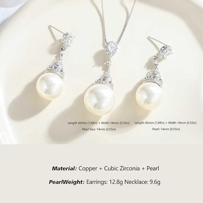 Jewelry set for Women Trendy Elegant 14K Gold/Silver Plated Imitation Pearl Necklace Pendant Earrings and Ring Inlaid With CZ - Wedding Fashionable Jewelry Gift