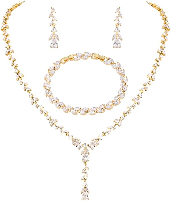 Bridal Wedding Jewelry CZ Set Marquise Teardrop Cubic Zirconia Pendant Necklace and Dangle Earring Bracelet Sets for Women
