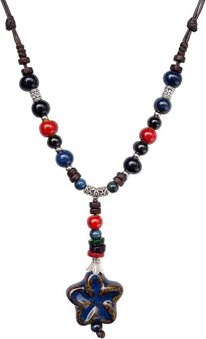 Adjustable Ceramic Beaded Necklace for Women, Boho Handmade Flower Pendant Necklace, Hippie Jewelry for Mom and Wife