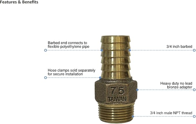 MFG No-Lead Bronze Adapter, 3/4" Male NPT x 3/4" Barbed, Connects Submersible - Image 3