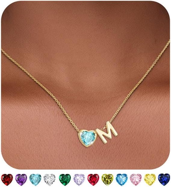 Valentines Day Gifts for Her- Heart Birthstone Initial Necklace for Women Girls,14K Gold Plated Heart Letter A-Z Necklace Birthday Trendy Jewelry Gifts for Women Girls Daughter