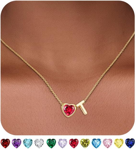 Valentines Day Gifts for Her- Heart Birthstone Initial Necklace for Women Girls,14K Gold Plated Heart Letter A-Z Necklace Birthday Trendy Jewelry Gifts for Women Girls Daughter