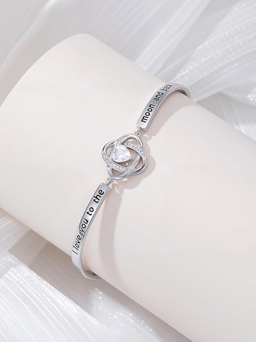 Valentines Day Gifts for Her, 18k White Gold Plated Love Knot Bracelets, Engraved Inspirational and Sentiment Bangle, Anniversary Birthday Jewelry Gift for Lover Wife Girlfriend Sister Friends