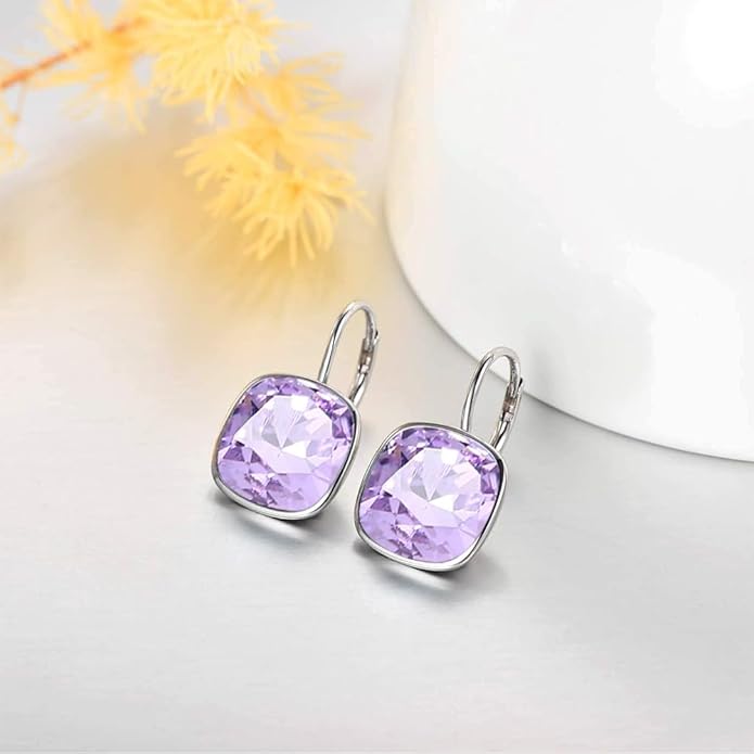 AOBOCO Sterling Silver Leverback Earrings Embellished with Crystals from Austria, Hypoallergenic Cushion Cut Square Crystal Earrings, Fine Anniversary Birthday Jewelry Gifts for Women