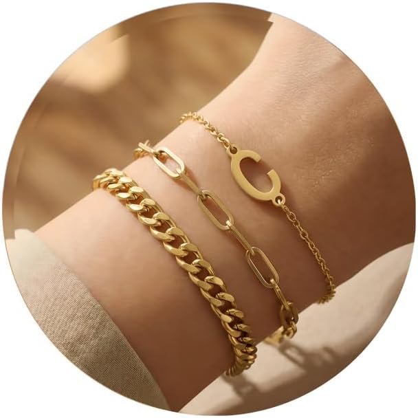 14K Gold Plated Bracelets for Women, A–Z Initial Charm Bangles Jewelry Set, Elegant Gold Accessories, Friendship Bracelet Gifts for Mom