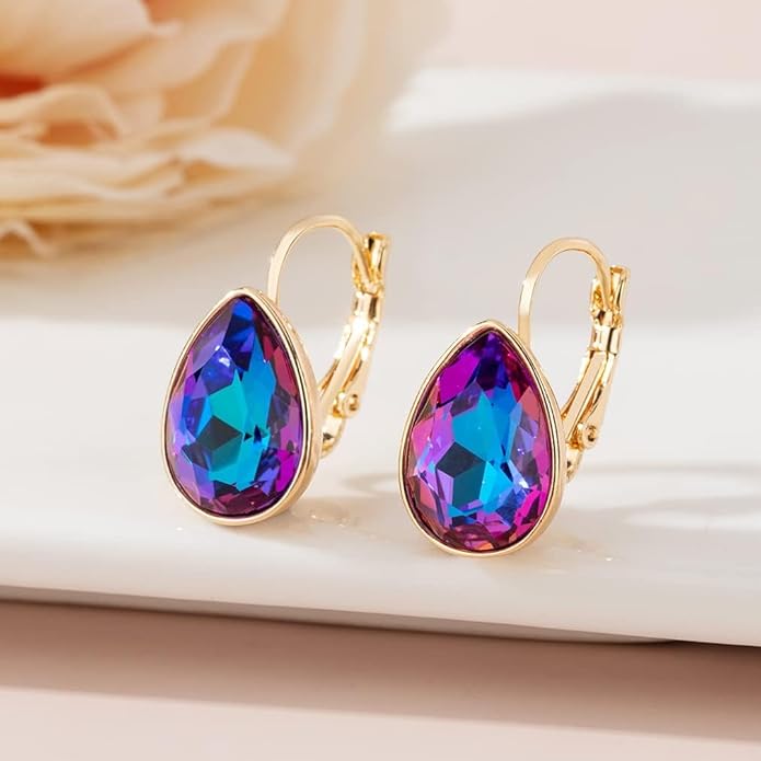 Teardrop Austrian Crystal Leverback Drop Earrings for Women 14K Rose Gold Plated Hypoallergenic Jewelry