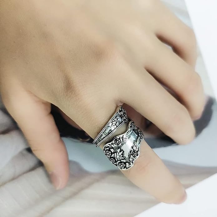 Vintage Flowers Spoon Rings Promise Wedding Engagement Statement Boho Circling Rose Flower Cluster Finger Open Ring Adjustable Extendable Wrap Bands for Women Men Retro Jewelry