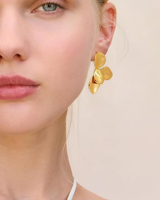 Chunky Gold Statement Earrings For Women Gold Plated Sectored Flower Leaf Shell Angel Wing Earrings Trendy Boho Jewelry For Women Large Stud Earrings Hypoallergenic Earrings