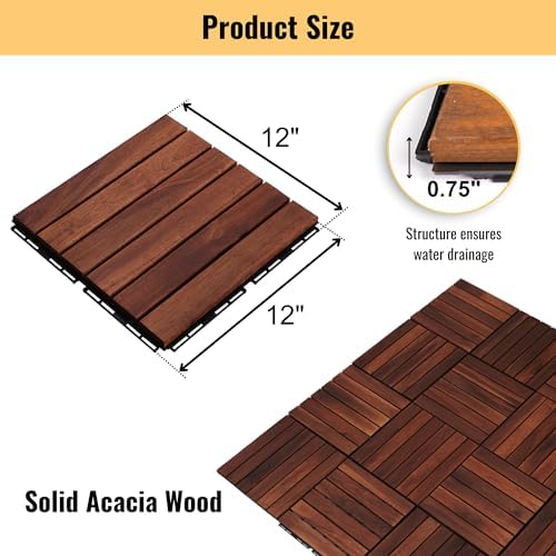 10 PCS Interlocking Deck Tiles, Striped Pattern 12"x12" Acacia Wood Outdoor - Image 2