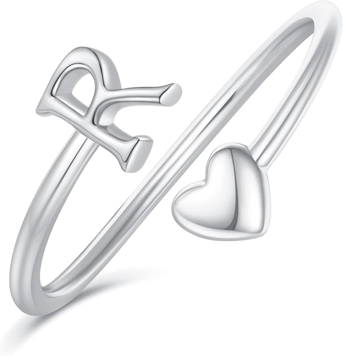 Initial Rings for Women Girls - Valentines Day Gifts for Her, Adjustable Rings for Women Non Tarnish Letter A-Z Dainty Heart Ring Teen Girls Gifts Trendy Stuff Personalized Jewelry Gift