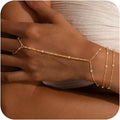 Valentine Gift 14K Gold Plated Hand Chain Bracelet for Women Trendy, 2 Pcs Stackable Gold/Silver Finger Ring Bracelet Hand Chain Dainty Non Tarnish Waterproof Set Jewelry Adjustable 7'+2