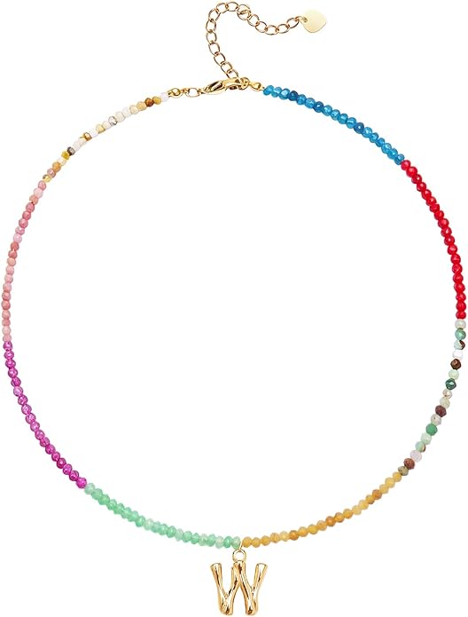 Beaded Initial Necklace for Women, Boho Natural Stone Semi-Precious Stone 18K Gold Plated Letter Pendant Rainbow Colorful Trendy Alphabet Dainty Choker Jewelry for Women Summer Beach Party
