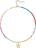 Beaded Initial Necklace for Women, Boho Natural Stone Semi-Precious Stone 18K Gold Plated Letter Pendant Rainbow Colorful Trendy Alphabet Dainty Choker Jewelry for Women Summer Beach Party