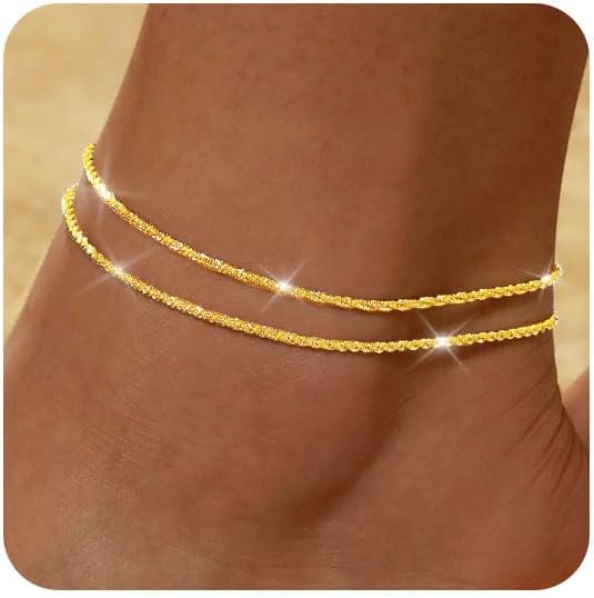 FUNEIA Gold Silver Ankle Bracelets for Women Waterproof 14K Gold Plated Anklets for Women Non Tarnish Dainty Layered Beaded Heart Anklet Set Summer Beach Foot Chain Jewelry Gifts Trendy Stuff