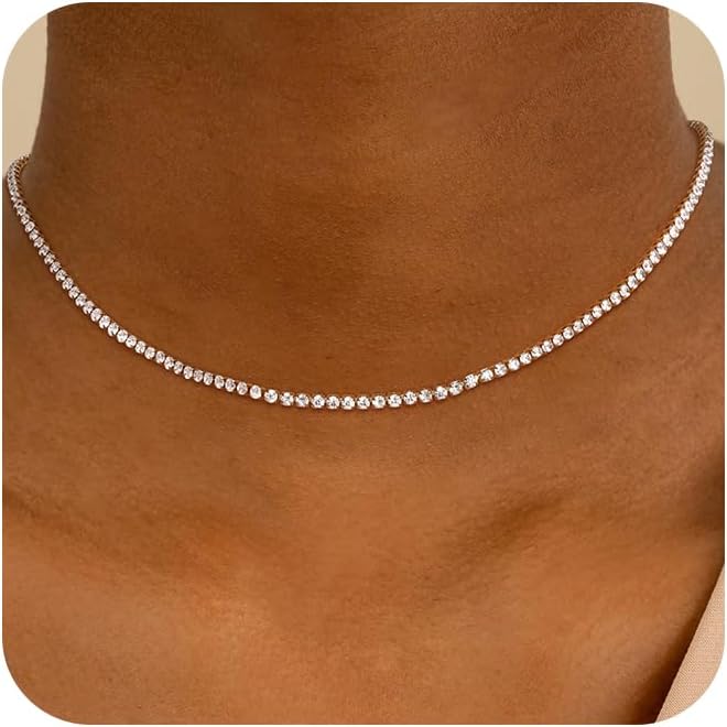 Tennis Necklace for Women, 14K Gold/Silver Plated Rhinestone Choker Necklace for Women, Dainty Cubic Zirconia Cut Faux Diamond Chain
