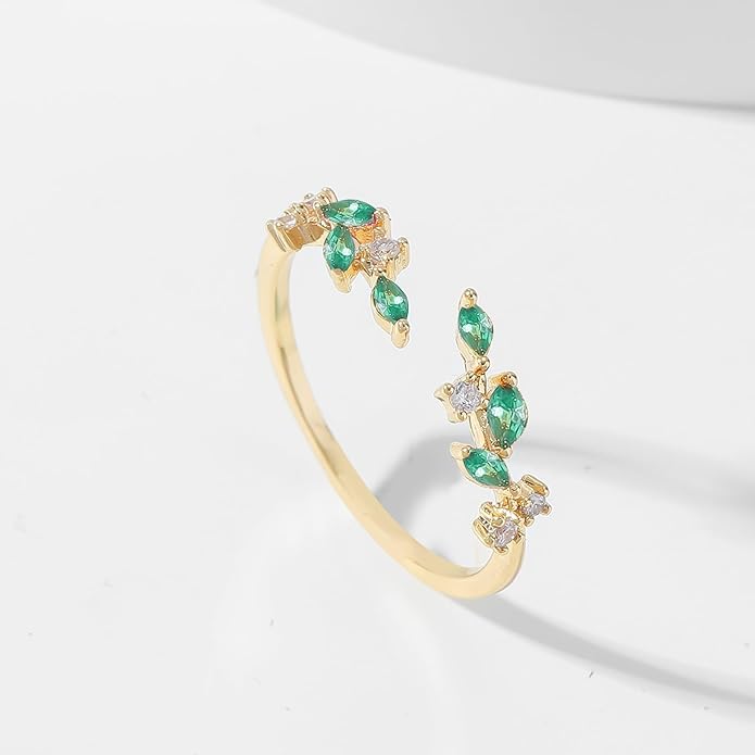 Gold Rings Non Tarnish Silver Adjustable Rings for Women Cubic Zirconia Leaf Ring Dainty Silver Stackable Ring for Women