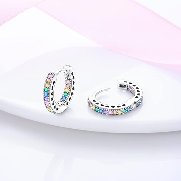 NARMO Earrings for Women 925 Sterling Silver Heart Hoops Small Colorful Rainbow Hoop Earrings Huggie Earrings