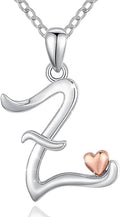 CELESTIA 925 Sterling Silver Initial Necklaces 26 Letter with Rose Gold Heart - 18 Inch Chain