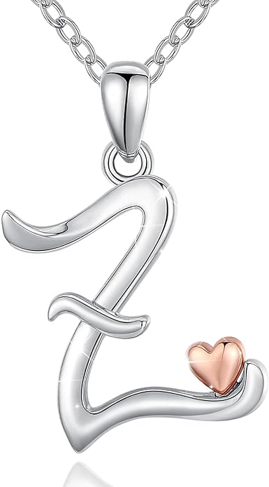CELESTIA 925 Sterling Silver Initial Necklaces 26 Letter with Rose Gold Heart - 18 Inch Chain