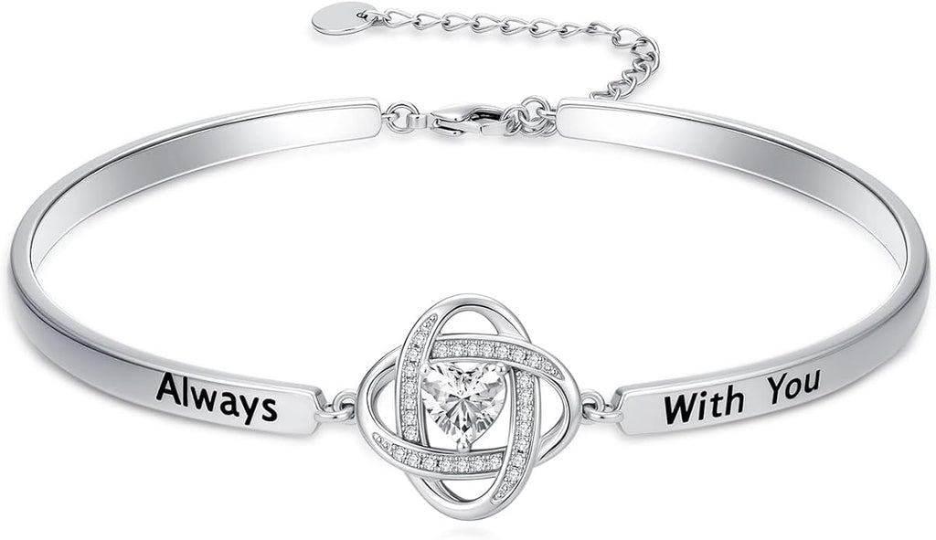 Valentines Day Gifts for Her, 18k White Gold Plated Love Knot Bracelets, Engraved Inspirational and Sentiment Bangle, Anniversary Birthday Jewelry Gift for Lover Wife Girlfriend Sister Friends