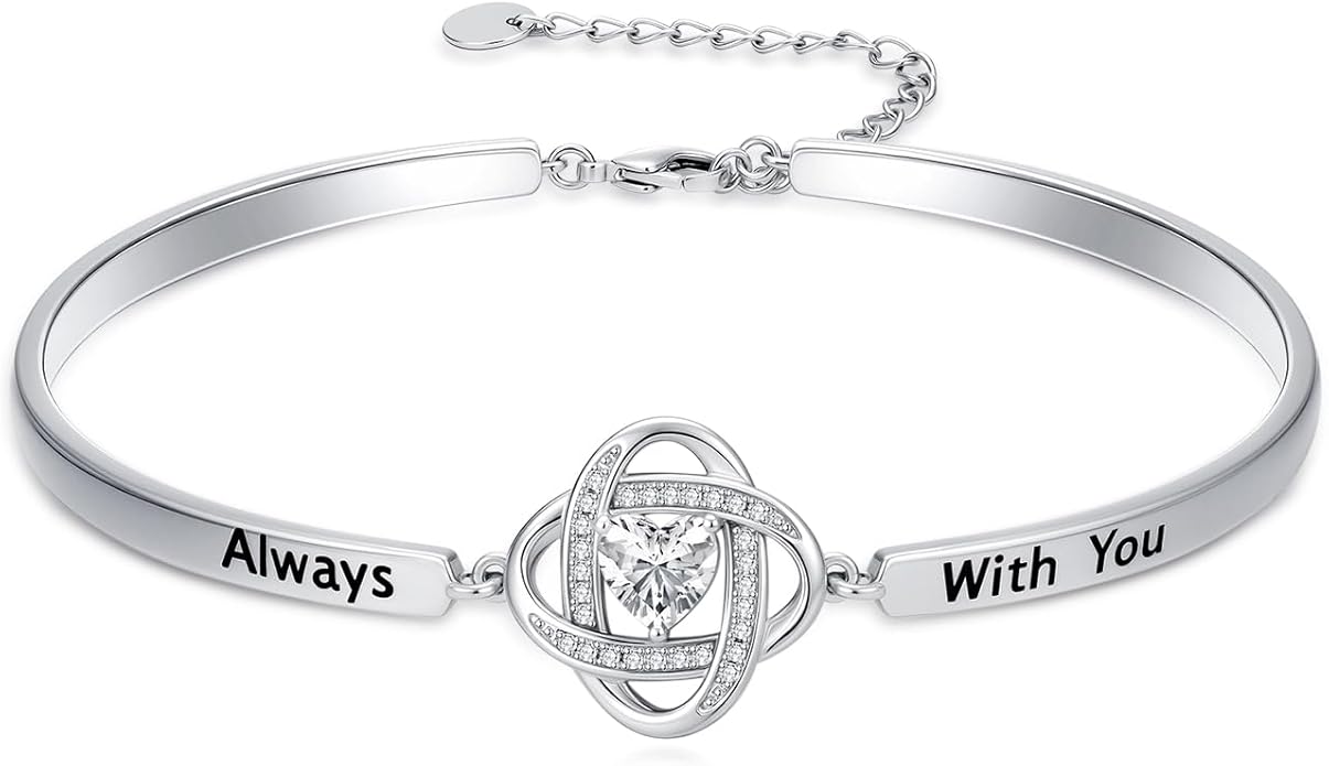 Valentines Day Gifts for Her, 18k White Gold Plated Love Knot Bracelets, Engraved Inspirational and Sentiment Bangle, Anniversary Birthday Jewelry Gift for Lover Wife Girlfriend Sister Friends