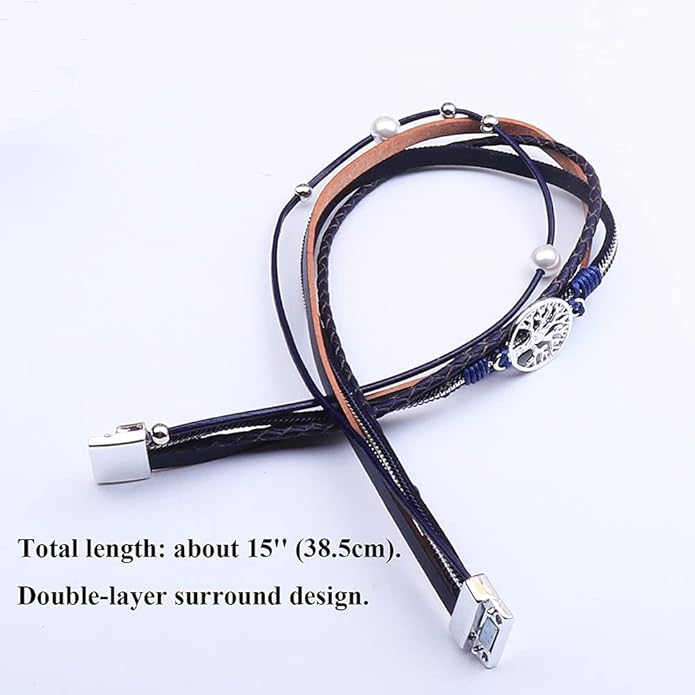 KSQS Tree of Life Leather Multi-Layer Wraps Bracelet,Boho Wide Buckle Wristband Bangle,Braided Cuff Bracelets for Women