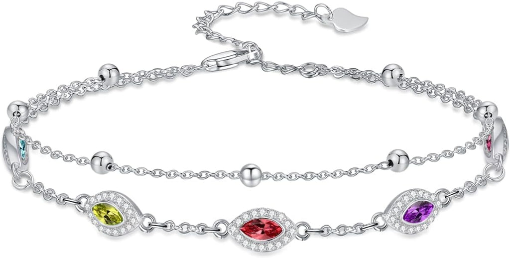 Evil Eye Birthstone Charm Link Bracelet 925 Sterling Silver Evil Eye Bracelet with 12 Months Birthstone Birthday Jewelry Gifts for Women Mom Her,Chain Length 7"+2" Extend