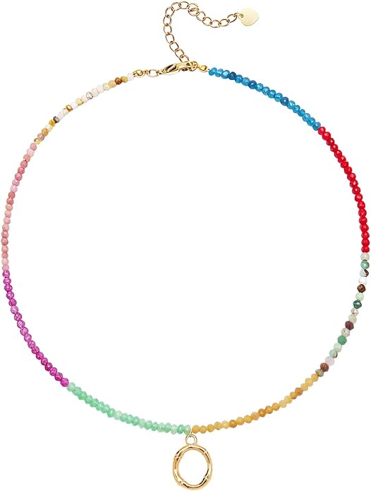 Beaded Initial Necklace for Women, Boho Natural Stone Semi-Precious Stone 18K Gold Plated Letter Pendant Rainbow Colorful Trendy Alphabet Dainty Choker Jewelry for Women Summer Beach Party
