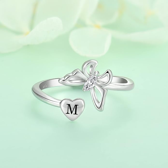 STARCHENIE Butterfly Initial Ring for Women 925 Sterling Silver Letters A-Z 26 Alphabet Adjustable Ring Size 7
