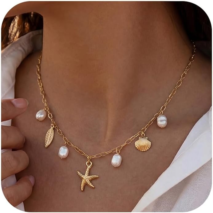 Shell Starfish Necklace for Women, 14k Gold Plated Boho Layered Beaded Charm Pendant Necklace, Dainty Adjustable Pearl Conch Summer Beach Vacation Jewelry Gifts